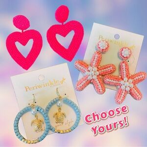 3 Chic Beaded Statement Earrings ~Pink Hearts, Blue Turtle Hoops, Coral Starfish